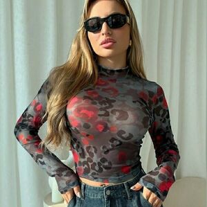 SHEIN Leopard Print Mesh Blouse - Black, Gray, Red